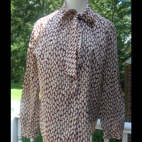 Vintage Polka Dot Brown White Blouse Polka Bow Tie - Picture 2 of 2